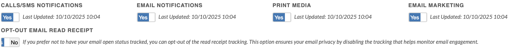 Customer portal communication settings showing the Calls/SMS Notifications on-off toggle