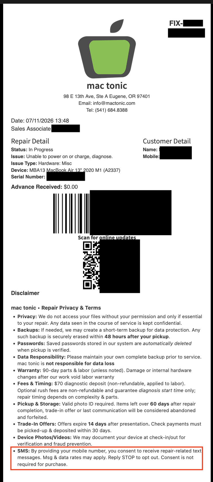 Sample mac tonic service ticket receipt showing the SMS consent disclosure in the signed terms (customer information redacted)